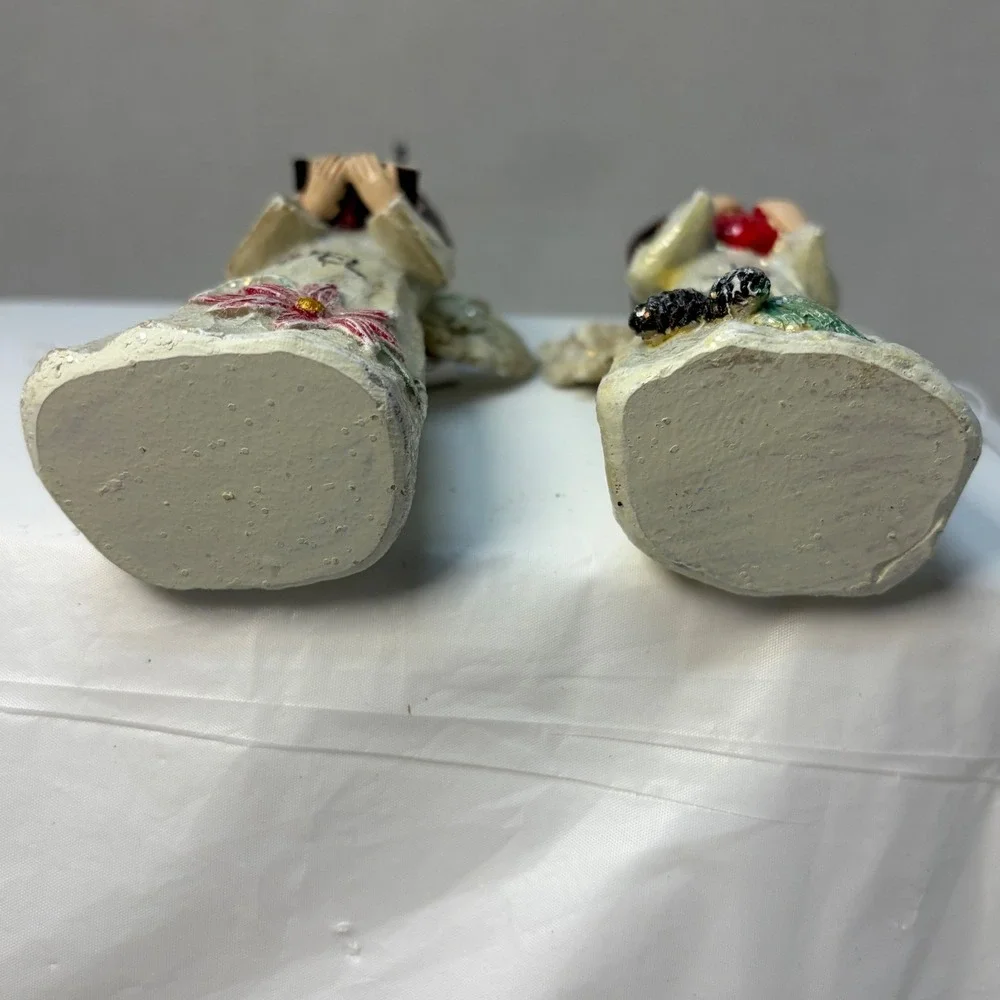 Set of 2 Christmas Angel Flower Ornaments Noel Joy Resin Figures Cream 4 Inch
